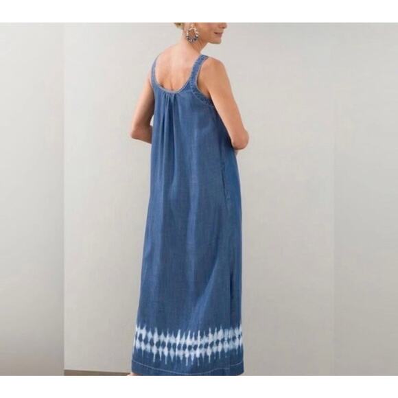 Chico's Chambray Blue Tencel Maxi Long Tank Dress Tie Dye Hem Pockets Sz M (2) - Picture 9 of 13